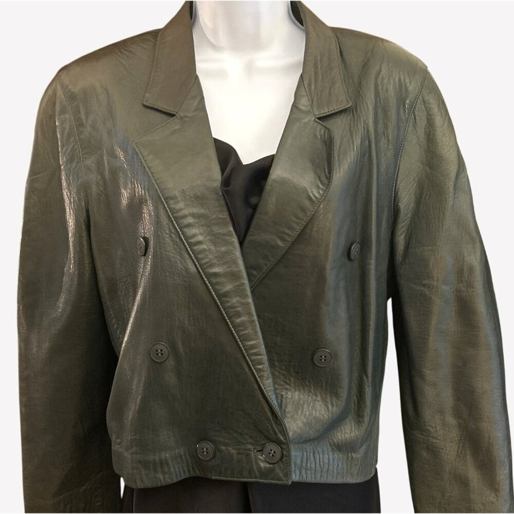 Vintage Vari Zioni Dark Green Leather Blazer Cropped Power Jacket 80s Size 10